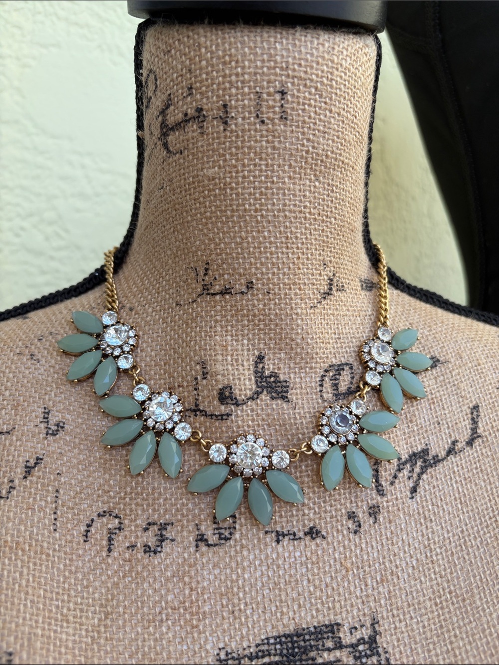 Vintage J. Crew Gold-Tone Mint Green Floral Crystal Bib Necklace